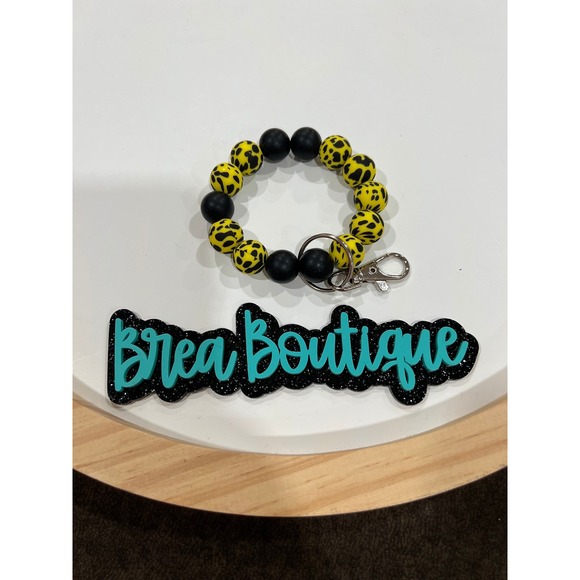 Yellow‎ and Black Cow Print Silicone Beaded Bracelet Wristlet Keychain - Picture 1 of 1